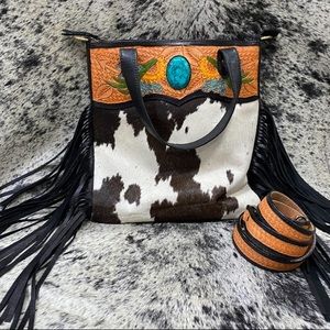 Tooled Cowhide Purse with Fringe